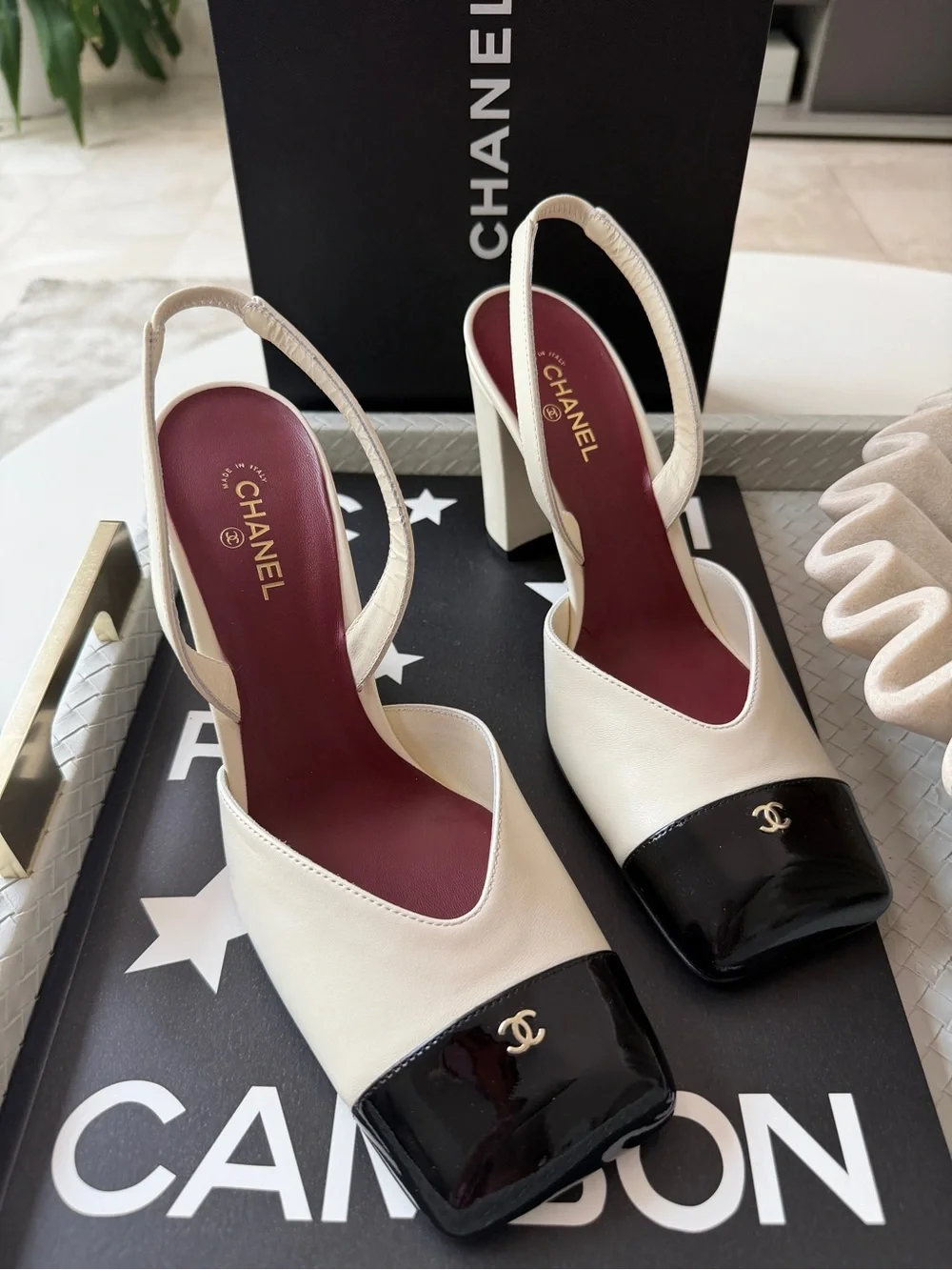 Chanel 26S Blazy Ivory Ecru Black Square Cap Toe Sling CC Slingback Heel Pump 40